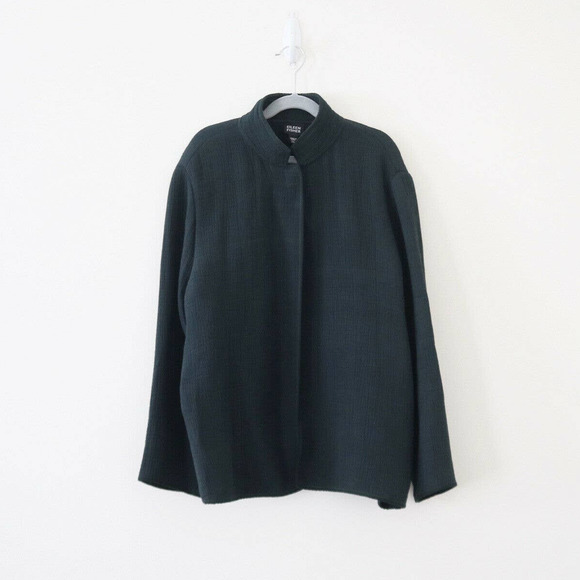 Eileen Fisher Jackets & Blazers - Eileen Fisher Green Crinkle Sponge Jacket Silk Rayon Mandarin Collar